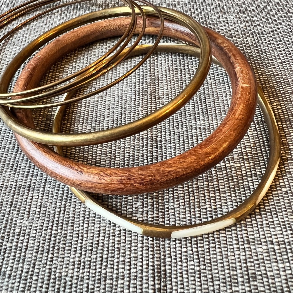 Stylish Wood, Bone Inlay and Bronze Metal Seven Piece Bangle Bracelet Set